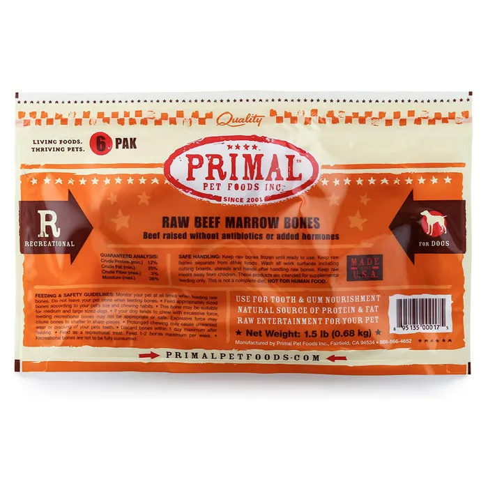 Primal Raw Recreational Beef Marrow Bone 6-ct