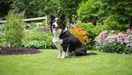 Black and white dog sitting on grass